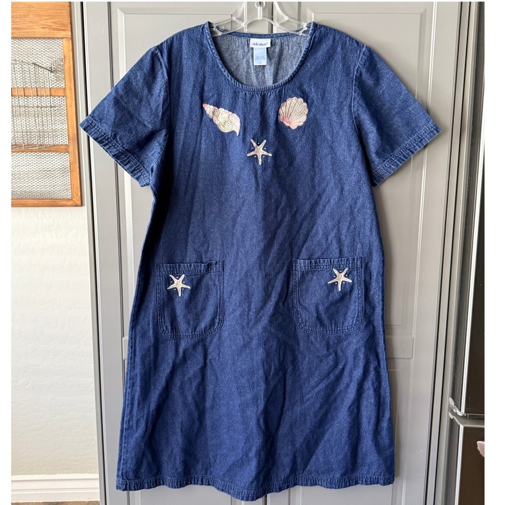 Vicki Wayne Vintage Embroidered Shells Starfish Denim Shift Dress, Blue Pink, L